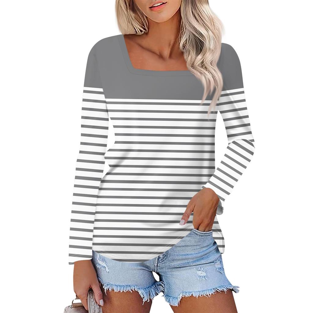 Рубашка для женщин, модная повседневная свободная футболка с квадратным вырезом и длинным рукавом с принтом, женский топ