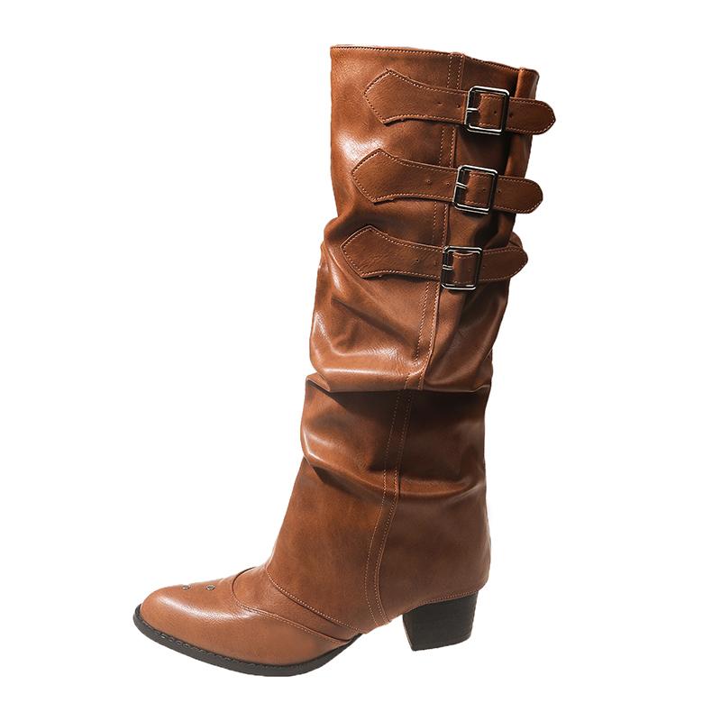 Платформа женские ковбойские сапоги в стиле вестерн модные слипоны съемные рыцарские длинные сапоги осень-зима толстый каблук женская обувь