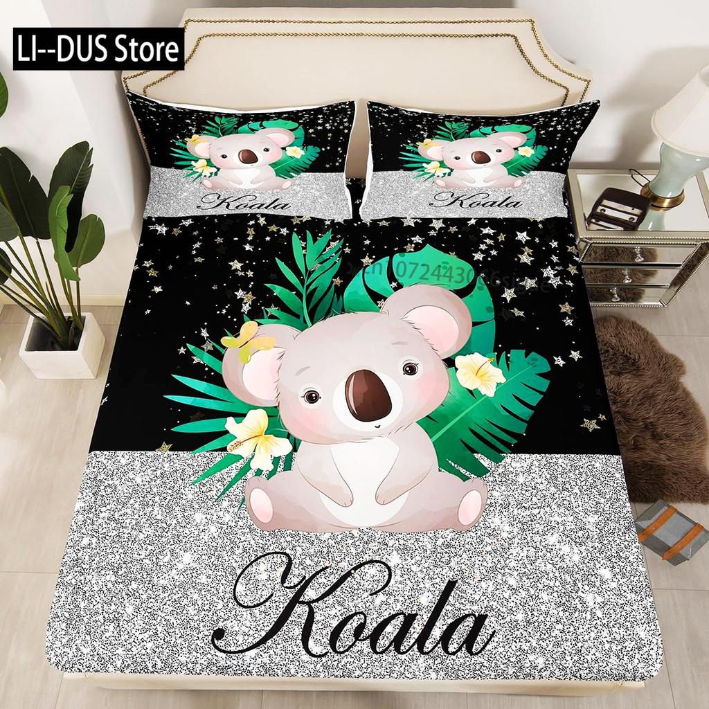 Kawaii Koala Bedding Set Full Size For Kids Boys GirlsCartoon Animal Comforter Set Quilt Duvet Green Leaves Bedroom Decor 3pcs