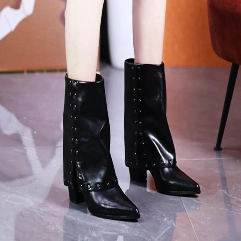 Fashion Studded Mid-leg Boots Autumn New Pointed Toe Sleeve Non-slip Wear-resistant Block Heel Single Shoes