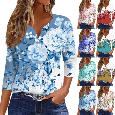 Жен. Футболка Футболка С принтом Пуговицы Рукав 3/4 Повседневные Выходные Мода Классический V-образный вырез Обычный Топ