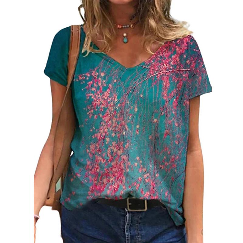 Новая футболка с цветочным принтом 3D, женская футболка с V-образным вырезом и коротким рукавом, топы Y2k, уличная одежда, футболки больших размеров в стиле Харадзюку, женская одежда
