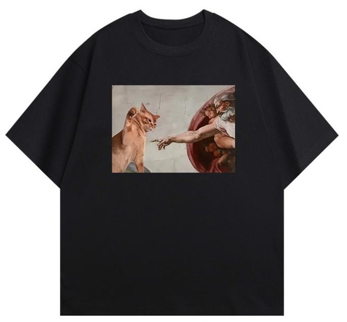 Dont get close to me Tshirt God reaches out to touch the cat Funny shortsleeved 2025 summer new fun cat cotton loose clothes
