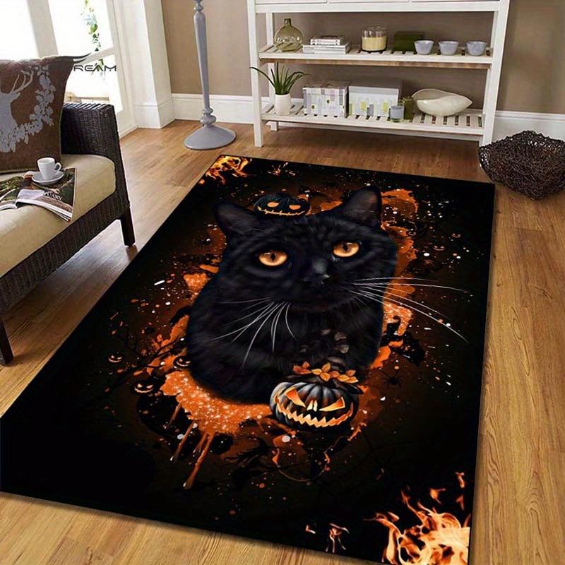 Halloween Cat Rug Spooky Black Cat with Pumpkin Design for Festive Home Decor Halloween Themed Carpets Skid resistant carpet