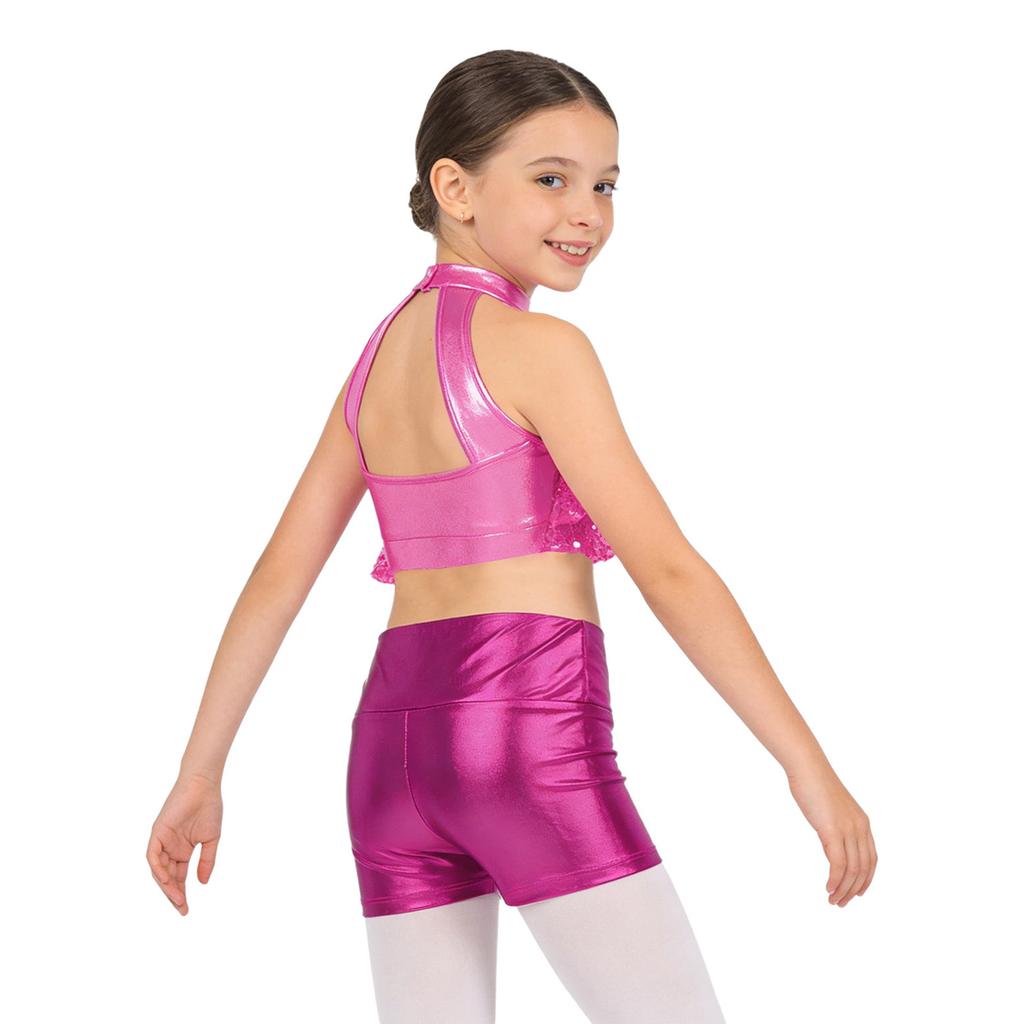 Girls Mock Neck Sleeveless Sequin Crop Top Tiered Shiny Metallic Shorts Stage Dance Outfit