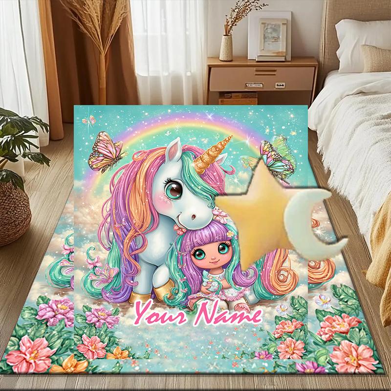 1PC Custom Name Unicorn Fairy Friendship Theme Floor Mat Ideal for Living Room, Game Rooms, Office, Bedroom Floor Mat Playful Design