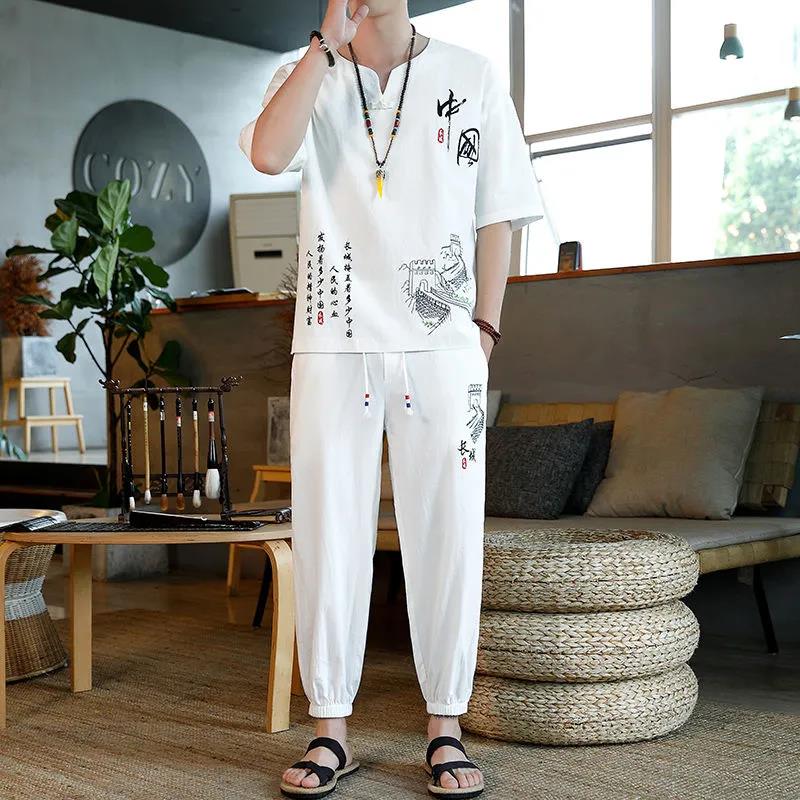 Летний костюм мужской китайский стиль вышивка хлопок и льняной костюм свободный повседневный костюм костюм с короткими рукавами