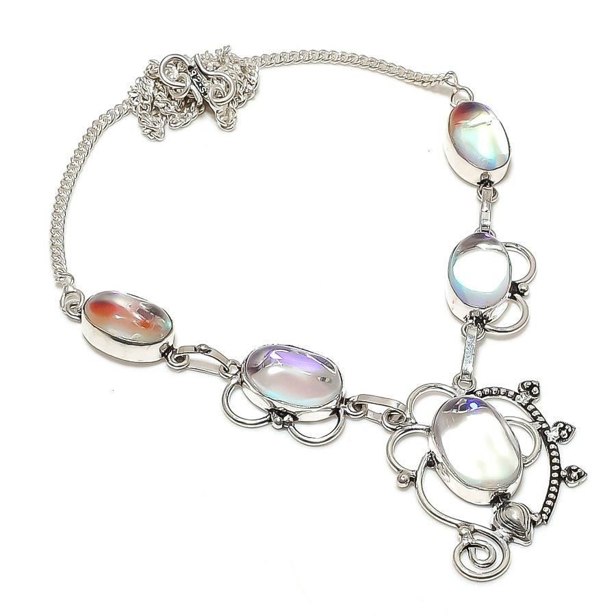 Natural Mystic Glass Gemstone 925 Sterling Silver Jewelry Necklace 18" R5m77