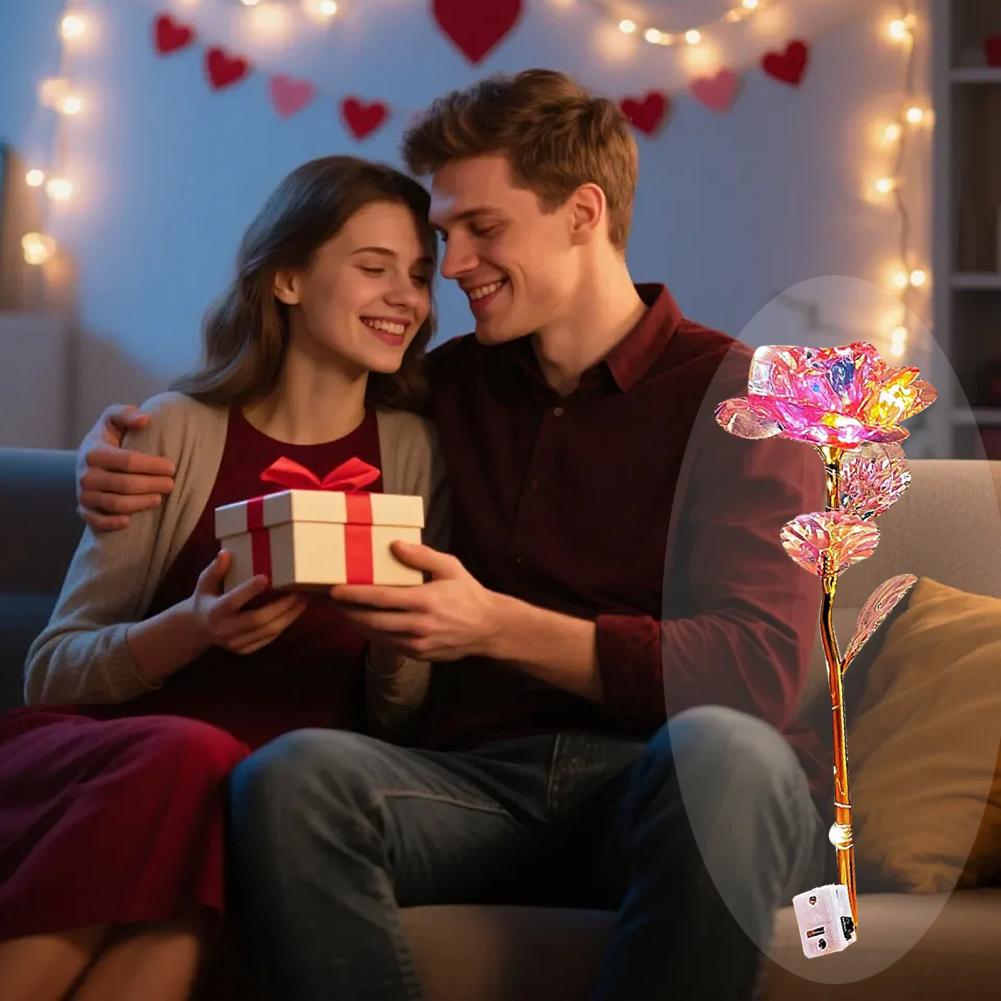 Artificial Rose Decorative Flower Stem Colorful Artificial Rainbow Rose with Led String Lights Forever Flower Gift for Women Mom