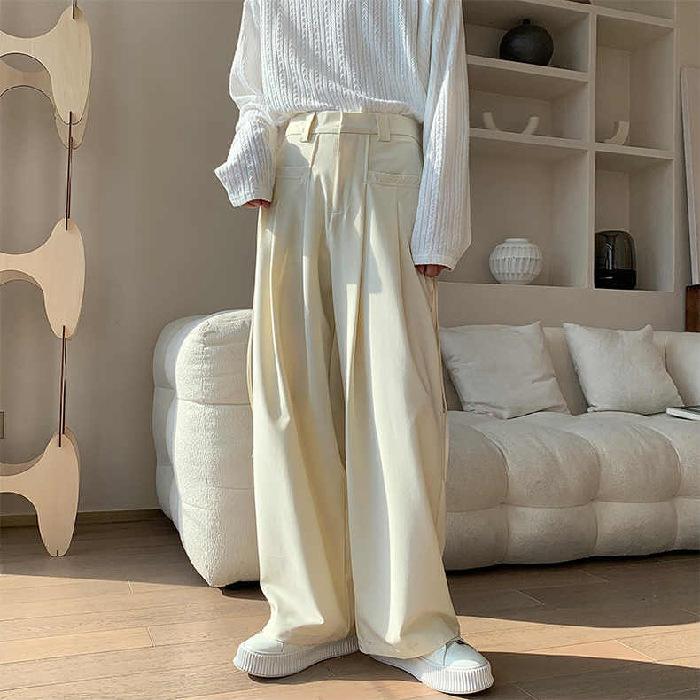 Vintage Style High-waisted Drape Trousers Women Design Sense Side Lacing Fluttering Casual Straight Wide Leg Pants