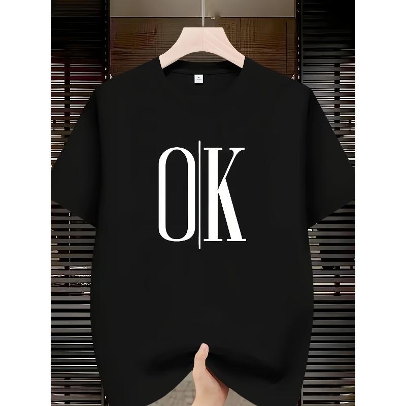 Мужская футболка с графическим принтом "OK" - Дышащая летняя повседневная, Смелый дизайн с буквами, для активного отдыха и повседневной одежды, Свободный летний спортивный стиль