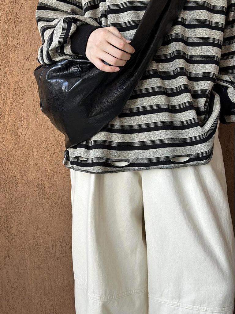 Juzhi 2024 Осенний корейский полосатый контрастный свитер-пуловер с круглым вырезом и длинными рукавами