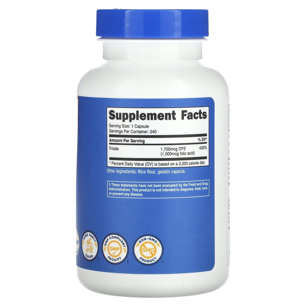 Nutricost, фолиевая кислота, 1000 мкг, 240 капсул
