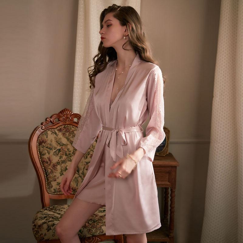 Sexy pajamas for women, pure and desirable summer new camisole lace nightdress two-piece set, autumn/winter ice silk thin robe set