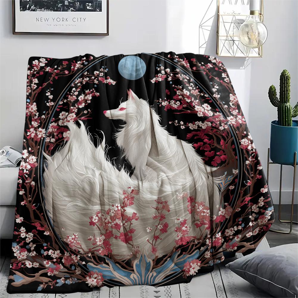 White Fox pattern Flannel Blanket, High quality Comfortable for All Seasons, Home Decor, Warmth and Comfort, Perfect for Gifts.