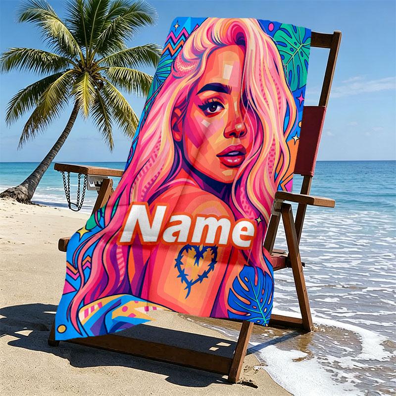 Custom Name Personalized Karol G Print Beach Towel, for Trip Camping Beach Party Home Decor, Birthday Gift for Family & Friends