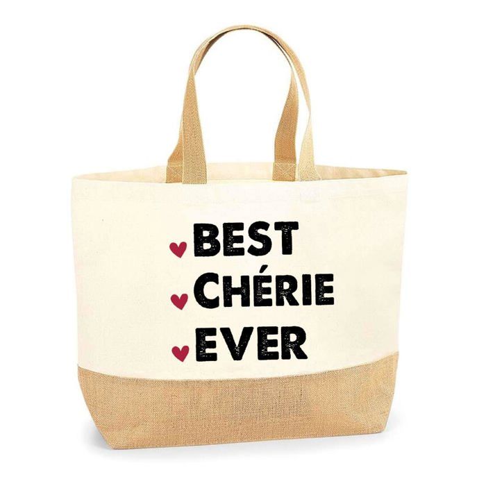 Sac cabas - PLANETEE - Best Chérie Ever - Jute naturel - Imprimé en France - Grande contenance