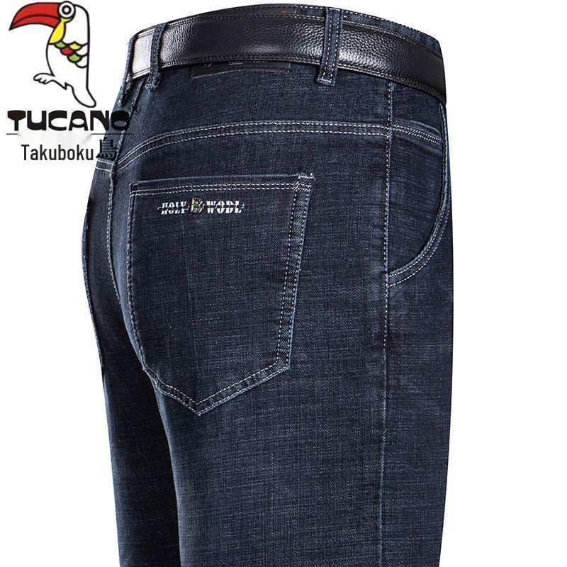Woodpecker Men's High-Waisted Winter Fleece-Lined Stretch Jeans - Business Casual Straight-Leg Trousers