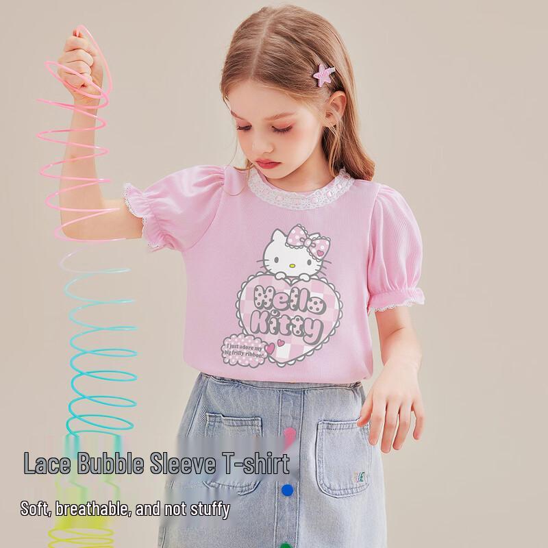 Hello Kitty Летняя детская футболка с мультяшным принтом в виде сердца и пышными рукавами