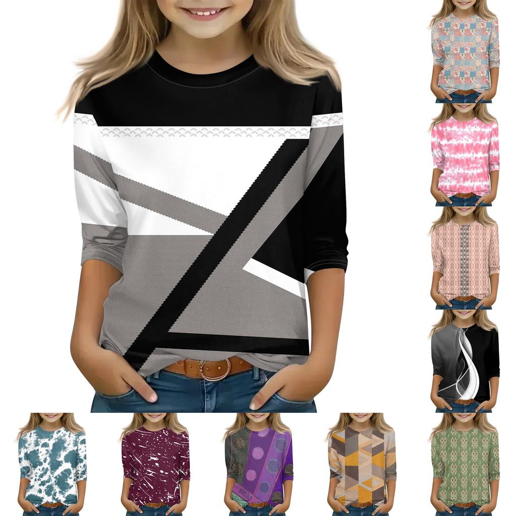 Print Tops For Youth Girls 5-16 Years Round Neck 3/4 Sleeves T-Shirts Trendy Tops Outfit Tees