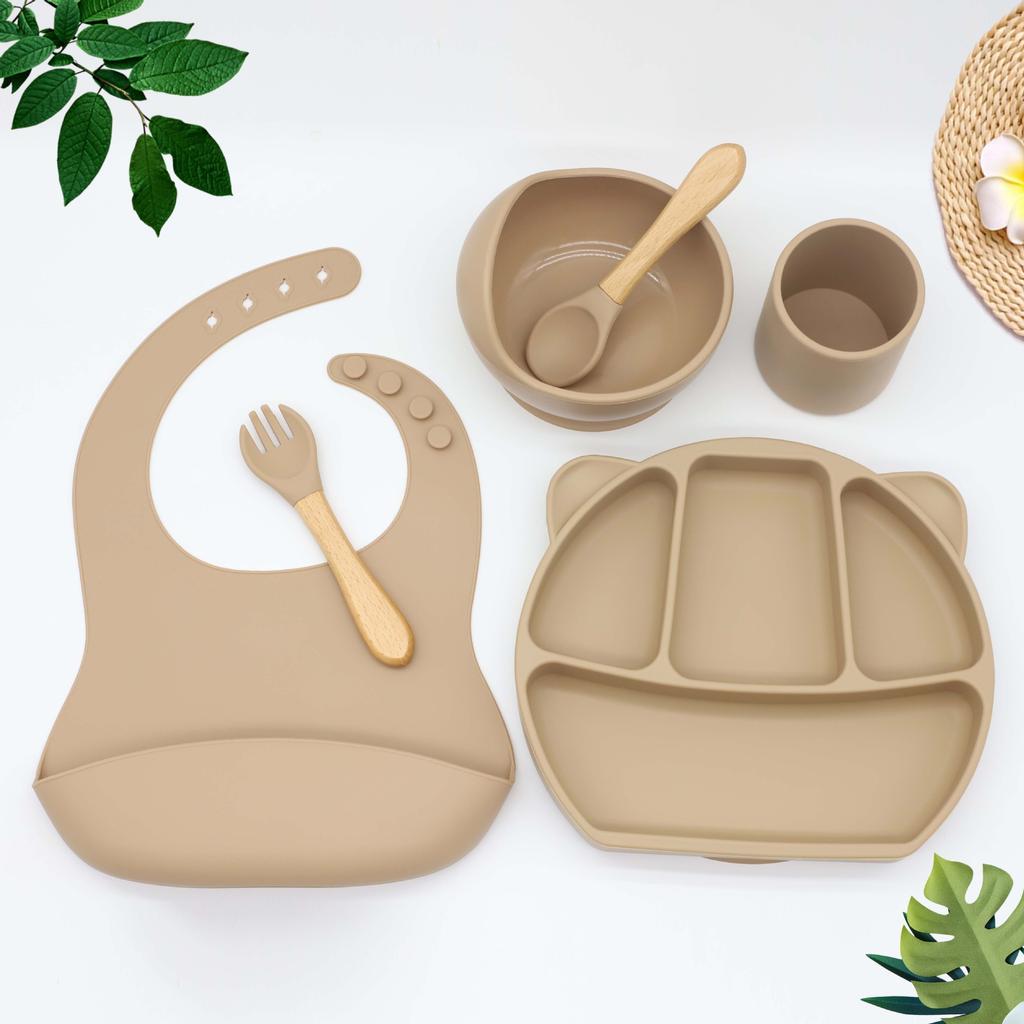 6PCS BPA Free Baby Silicone Tableware Bib Flexible Solid Color Sucker Bowl Spoon Fork for Children Learning Feeding Flatware