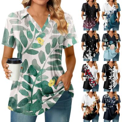 Женские футболки с коротким рукавом, плиссированные, с V-образным вырезом, с принтом, с воротником, летние топы, модные, деловые, повседневные, рабочие