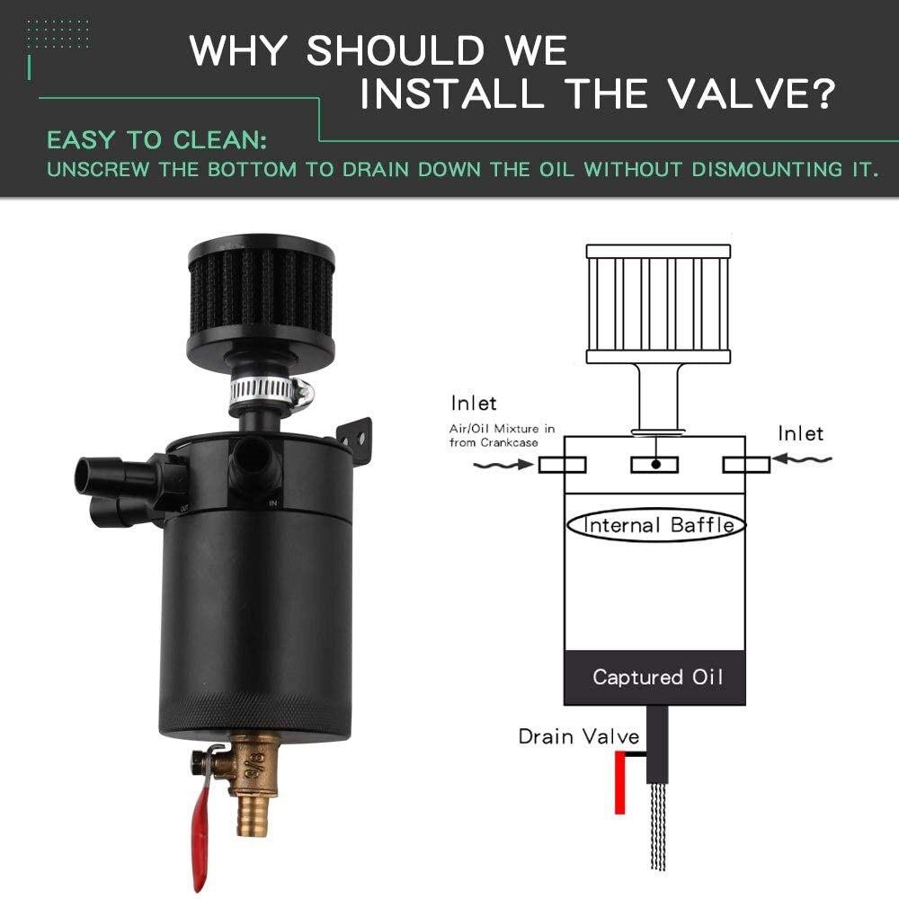 3 Port Oil Catch Can Kit 1 Oulet + 2 Intlet Compact Baffled Engine Oil Fuel Reservoir Tank with Breather Filter and Drain Valve