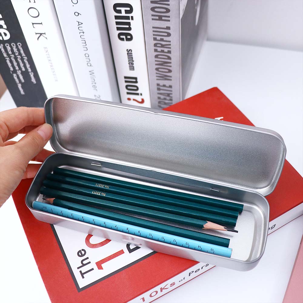 Office Silver Metal Single Layer Pen Box Stationery Box Pencil Storage Box Pencil Box Pencil Case
