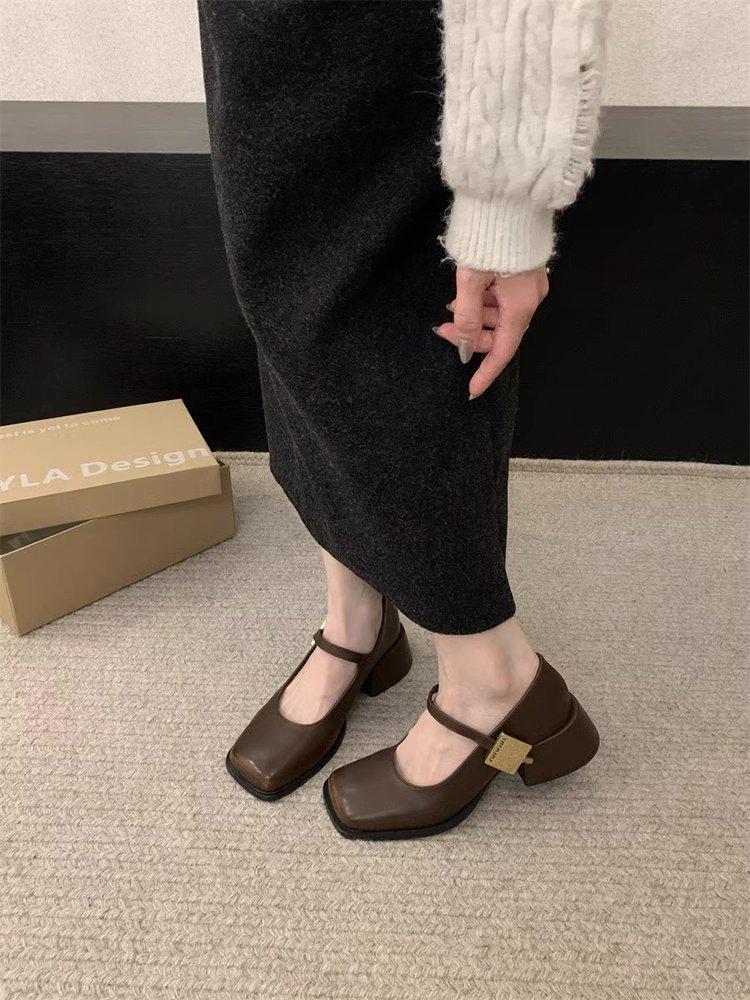 Fashion 2024 Autumn New Women Fashion Square Toe Close Toe Ankel Strap Mules Ladies Elegant Mary Jane Ballet Shoes Mid Heel Dress Pumps