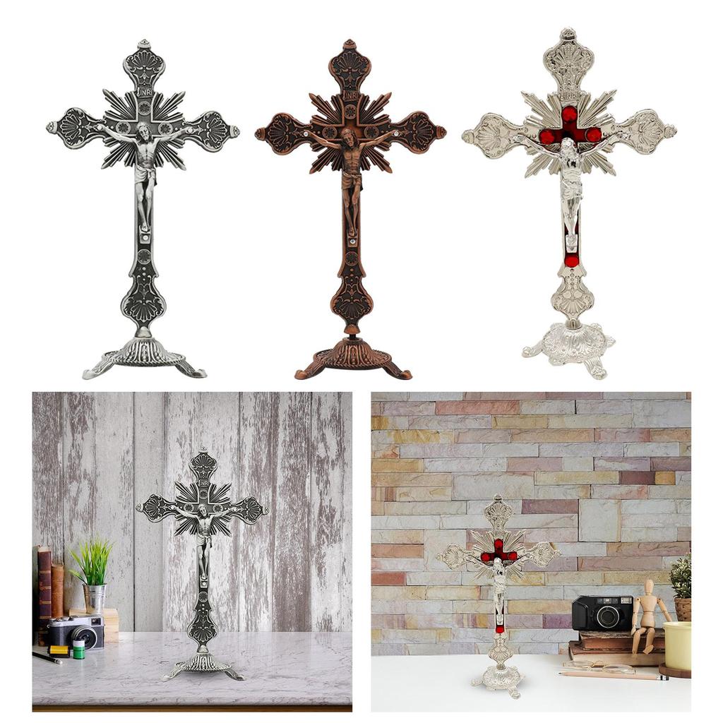 Настольный Распятие Статуя Крест Иисуса 10 дюймов Металлическое Маленькое Распятие Иисуса для Обеденного стола Домашний Декор Алтарь Молитвы Стол