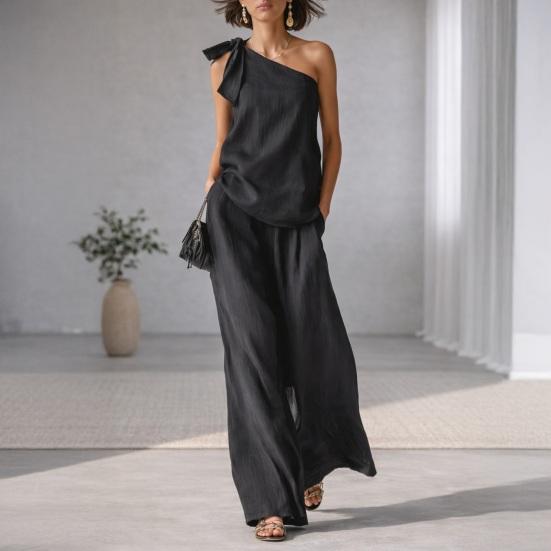 2 Piece Outfits for Women Summer One Shoulder Sleeveless Top And Wide Leg Pants Matching Lounge Set with