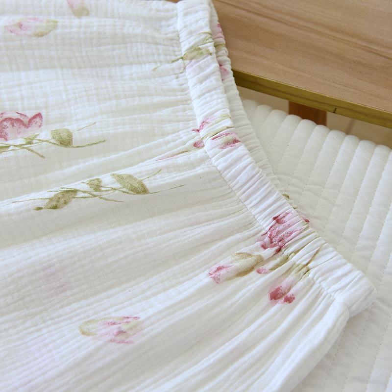 Женский пасторальный пижамный комплект - Длинный рукав, Двухслойный креп, Чистая хлопковая марля для весны, лета, осени.