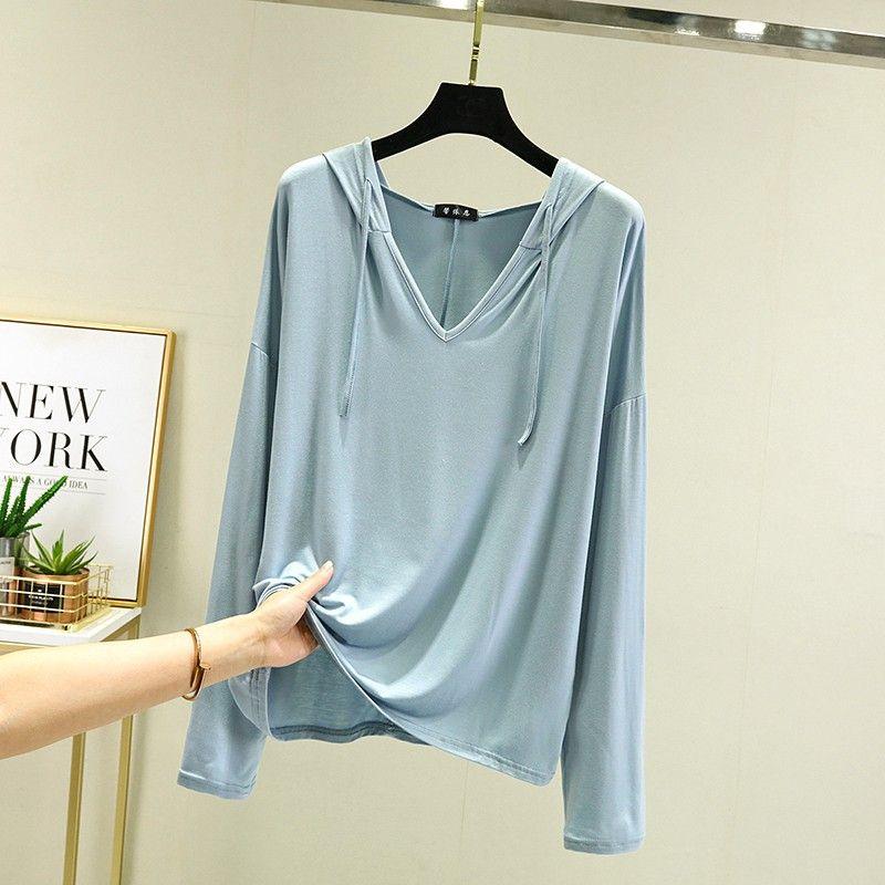 Снаружи модальная футболка с длинными рукавами в корейском стиле, весенне-летняя свободная рубашка большого размера с капюшоном
