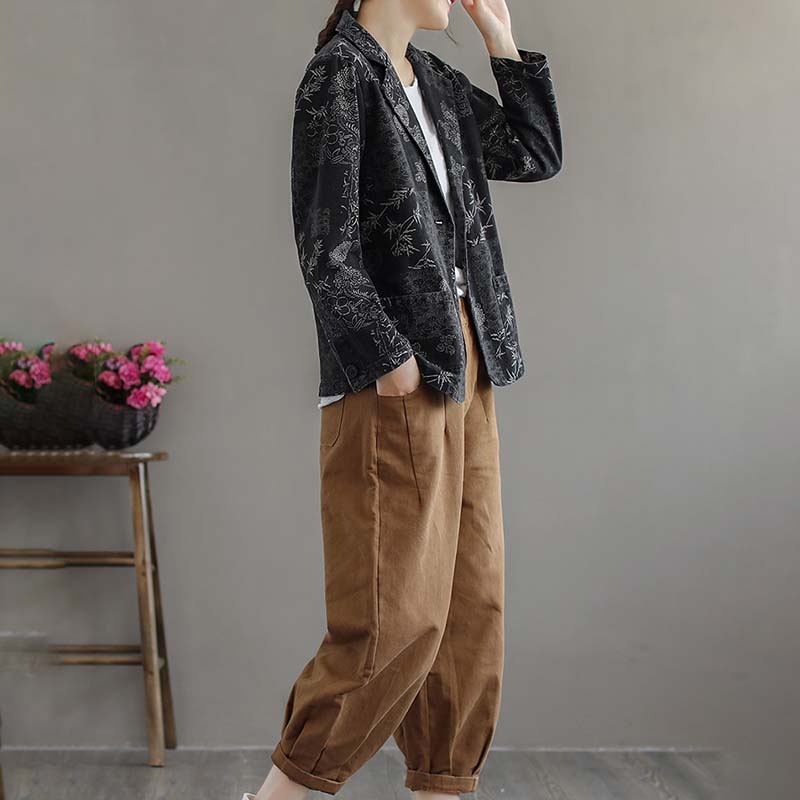 Ретро-принтованный пиджак, женская тонкая короткая куртка с длинными рукавами, хлопковое повседневное свободное пальто, весна-осень, корейская версия в стиле Харадзюку