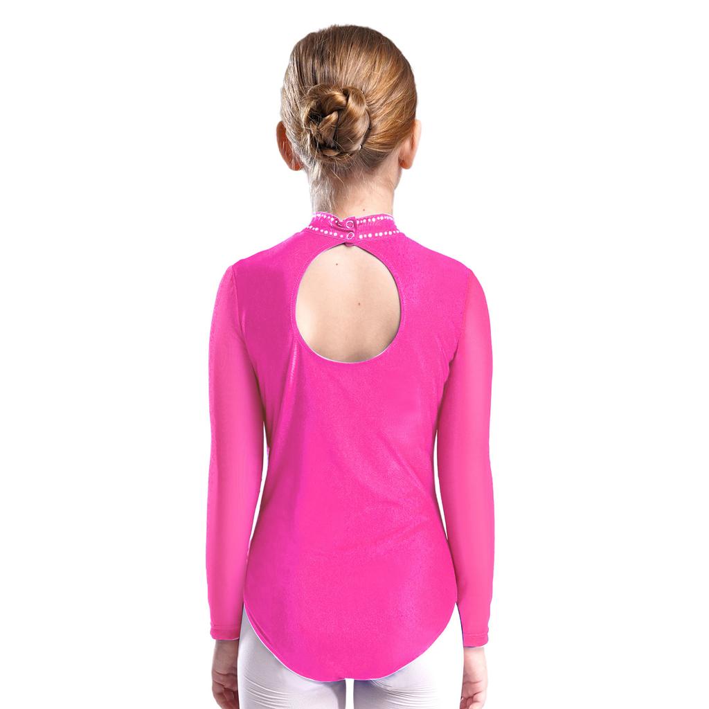 Girls Sheer Mesh Long Sleeve Leotard Cutout Back Sparkly Rhinestone Gymnastics Figure Skating Costume
