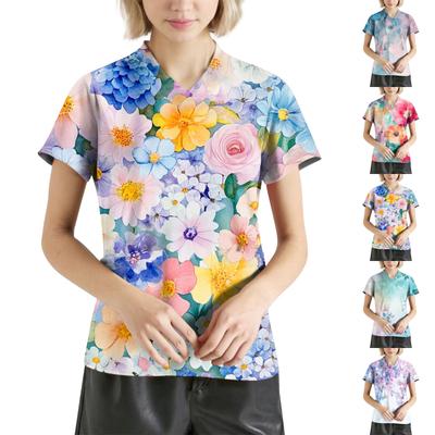 Женская мода с v-образным вырезом, короткими рукавами и карманами, топы с принтом