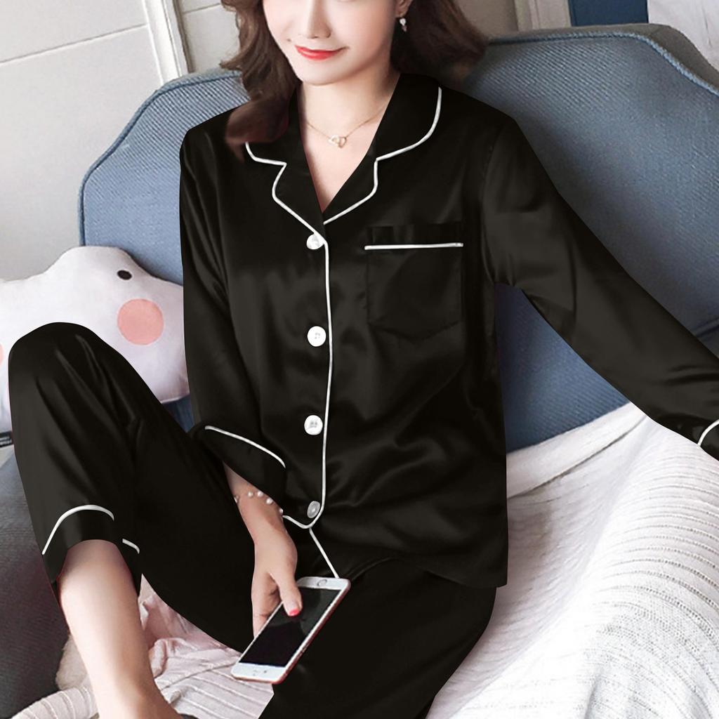 Women's Casual Cardigan Long Sleeve Pajamas Set Ice Silk Home Clothes Two-piece Set