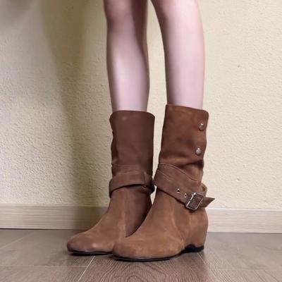 Версия в иностранном стиле~ Французский нишевый темперамент толстый каблук пряжка ремня средняя труба осень и зима ботинки-чулки замша женские универсальные модные ботинки