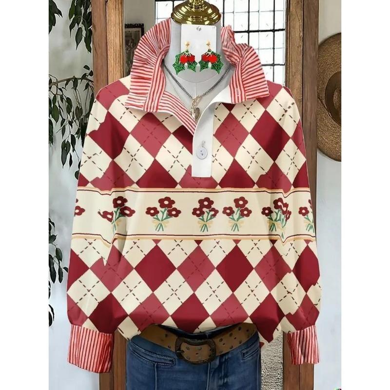 Женская блузка в ретро-рождественский узор - отложной воротник, длинный рукав, свободный повседневный силуэт, праздничный топ с принтом елки, подходит для осени/зимы