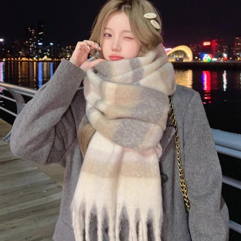 New Winter Faux Cashmere Ladies Scarf Wearable Blanket Thickened Warm Plaid Scarf High-end Korean Version Of Thickened Shawl