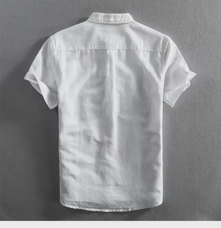 Мужская модная повседневная белая рубашка из хлопка и льна с коротким рукавом