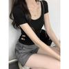 Black New Square Collar Exposed Collarbone Slim Fit Pure Desire Summer Short-sleeved T-shirt Bow Waist Hollow Short Top