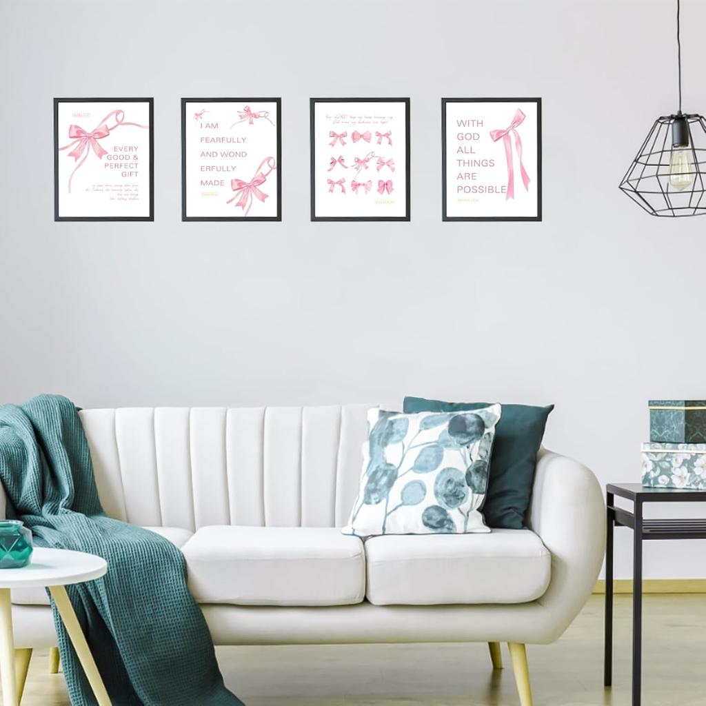 Coquette wall decor teen girl room pink bow wall art decor poster pirational Bible Verses Bow Wall Deco 10x8 inches 4pcs (unframed)