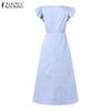 ZANZEA Summer Women Flare Sleeve Buttons Striped Casual Holiday Pleated Dress