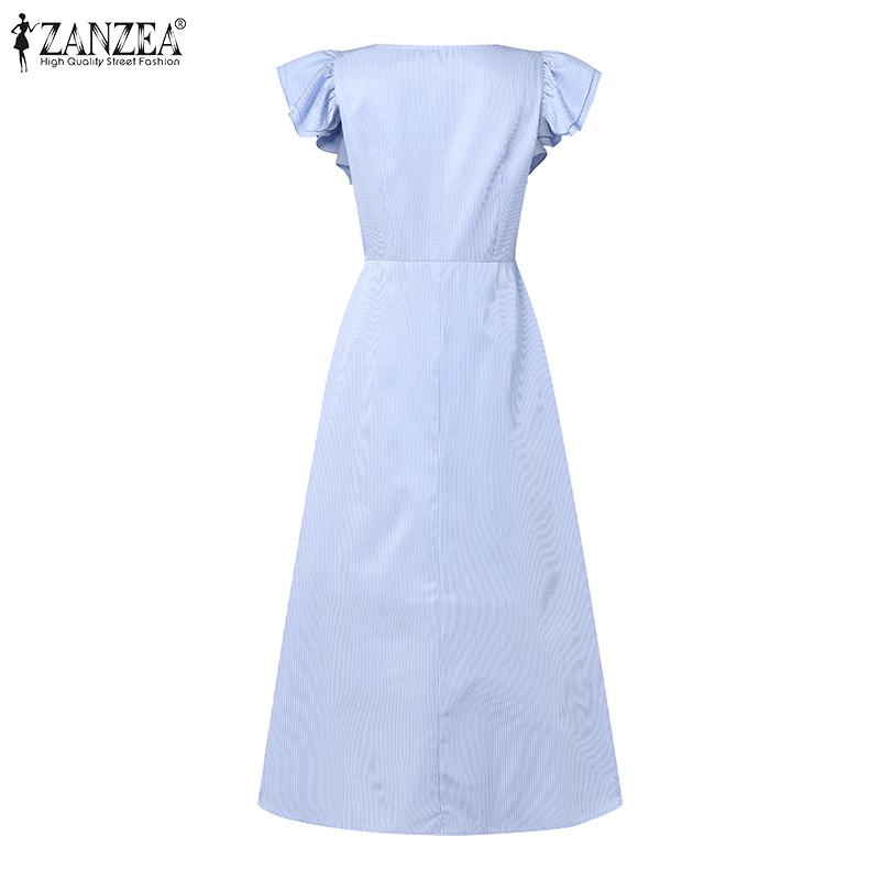 ZANZEA Summer Women Flare Sleeve Buttons Striped Casual Holiday Pleated Dress