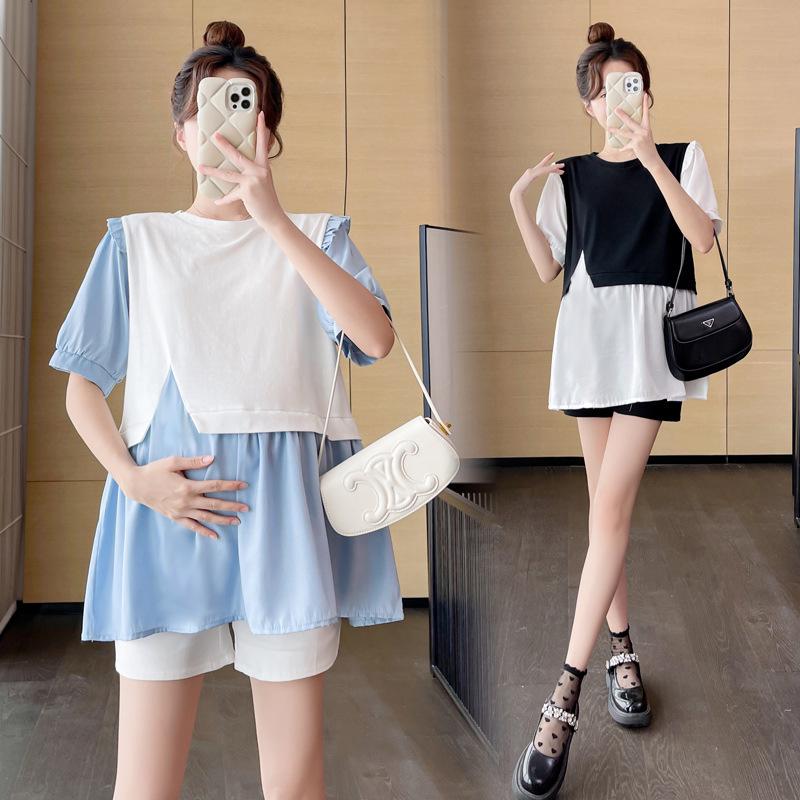 Korean Style Summer Maternity Babydoll Top + Belly Support Shorts Set