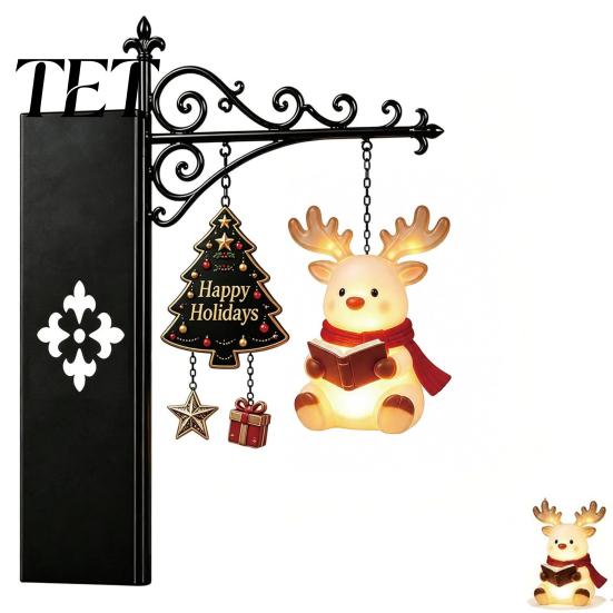 Santa Claus Book Insert Christmas Shelf Light, Iron Bookend Night Lamp with Metal Stand Decor Reindeer Snowman, Warm Glow Tabletop for Study