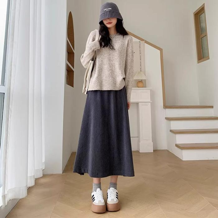 Solid Casual A-Line Skirts For Women Autumn Winter Vintage Women's High Waist Loose Midi Skirt Street Female Elastic Skirt