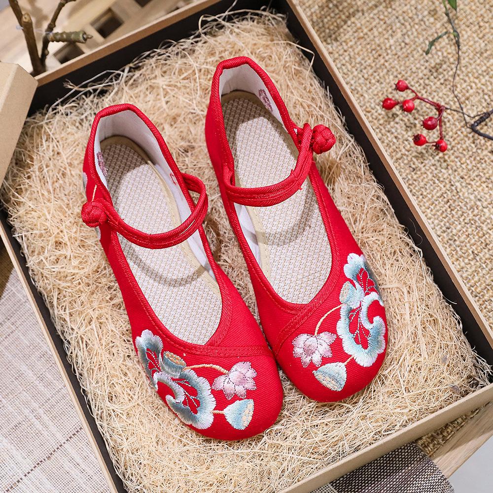 New Women's Embroidered Shoes Single Shoes Flower Cloth Shoes Women's Cheongsam Shoes Shoe Buckle White Red Black Shoes Matching
