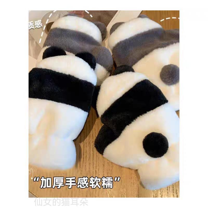 New Half-finger Cute Panda Student Writing Leaking Finger Gloves Cartoon Girl Riding Warm Riding Plush Gloves